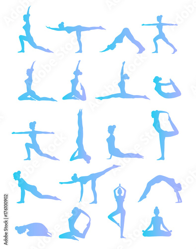 Woman is doing yoga positions. Female yoga illustration set. Woman's silhouette.