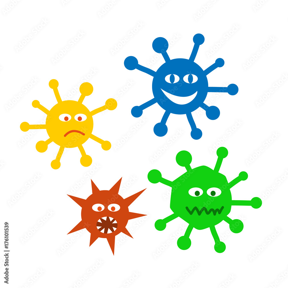 Set icons viruses. Colored viruses angry funny, dangerous, sad. Illustration in flat style Set icons viruses. Colored viruses angry funny, dangerous, sad. Illustration in flat style