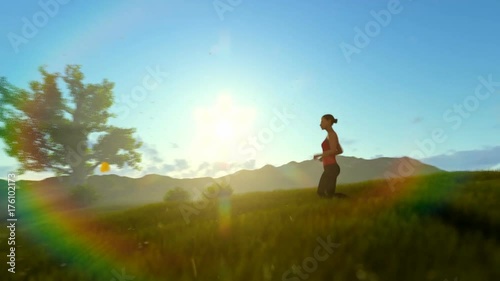 Wallpaper Mural Woman running on green meadow, tree of life, morning Torontodigital.ca