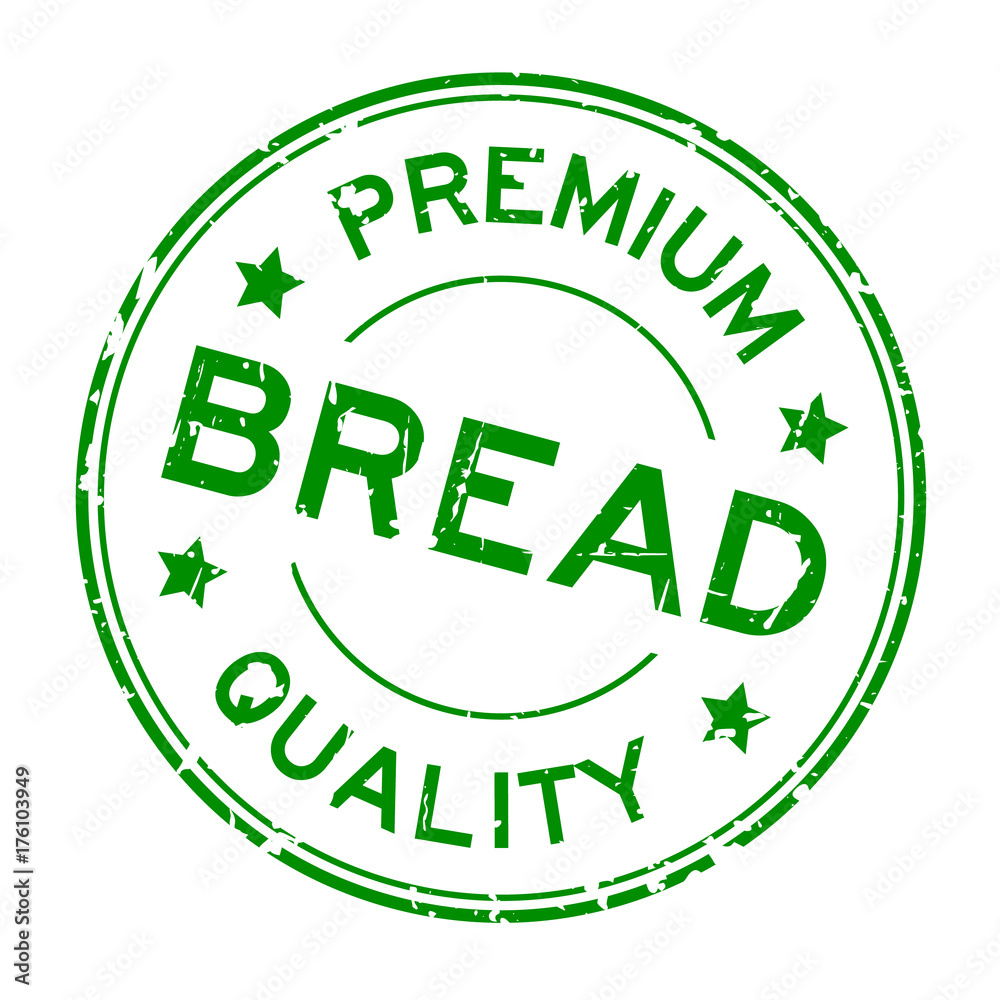 Grunge green premium quality bread round rubber seal stamp on white background