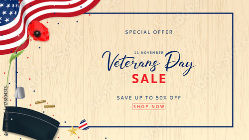 Web Banner for Veterans Day Sale. Top View on Sleeves, Medal, Soldier Tag and Cap on wooden texture. Holiday Backdrop with USA Flag and Red Poppy. Vector Illustration with Confetti.