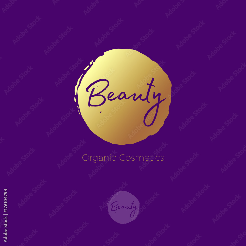Beauty  logo. Cosmetic emblem. Letters on a gold circle.