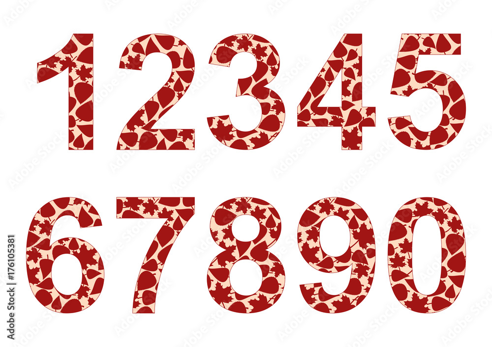 Isolated numbers from 0 to 9 with background of red autumn leaves. Vector illustration Isolated numbers from 0 to 9 with background of red autumn leaves. Vector illustration