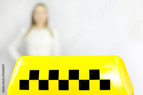 Taxi - girl dispatcher and other materials on the topic of taxi. Taxi industry - dispatcher work reception of orders waiting for the car, telephone conversations. Isolated on white background,  conven photo