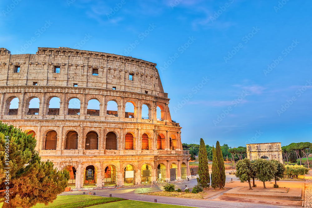 Rome sunrise city skyline at Rome Colosseum (Roma Coliseum), Rome, Italy