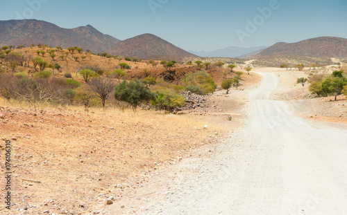 Landschaft mit Stra  e durch das Kaokoland nach Epupa im Norden des Landes  Stra  e C 43  Namibia