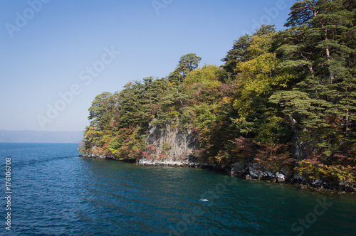 Scenic view of lake Towada with small islands, Aomori, Oirase Gorge, Japan