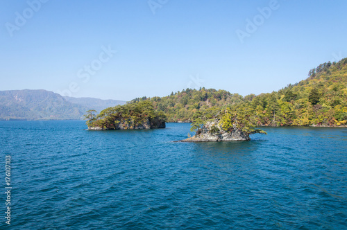 Scenic view of lake Towada with small islands  Aomori  Oirase Gorge  Japan