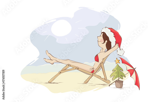Christmas vacation on the beach /  Young woman sunbathing on the beach, vector illustration