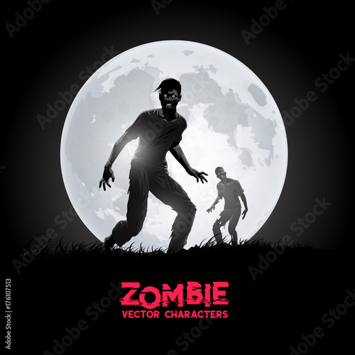 A couple of decaying flesh eating zombies silhouetted against the rising moon. Vector illustration