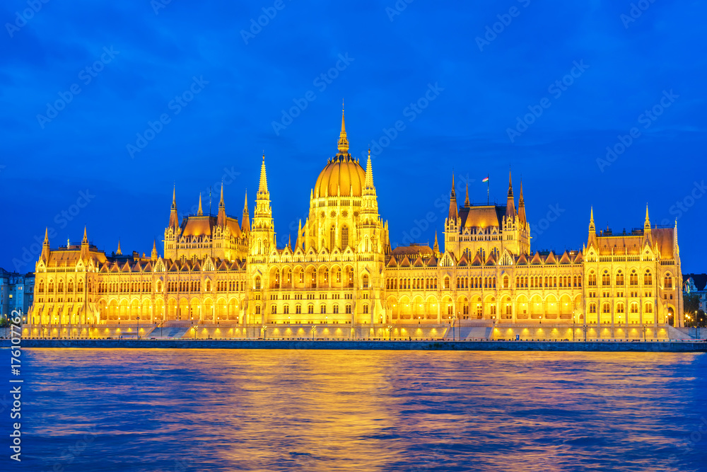 Budapest night city skyline at Hungalian Parliament and Danube River, Budapest, Hungary