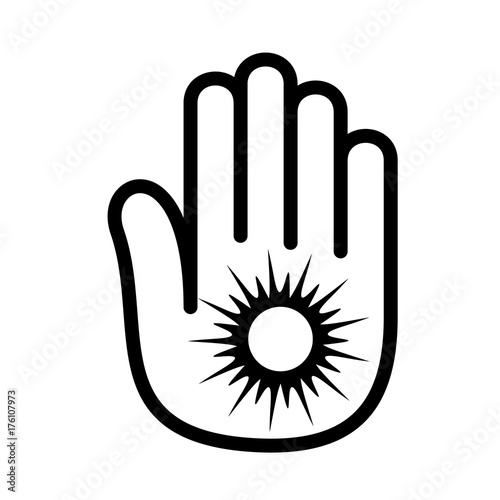 Hand sun shining palm open logo. Outline style.