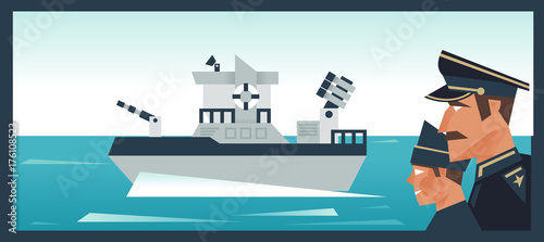 Military fleet. The Admiral and his assistant. Sea ocean. The brave defenders of the homeland. Vector illustration