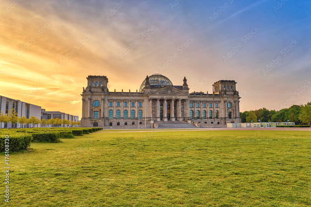 Berlin sunrise city skyline at Reichstag (German parliament building), Berlin, Germany