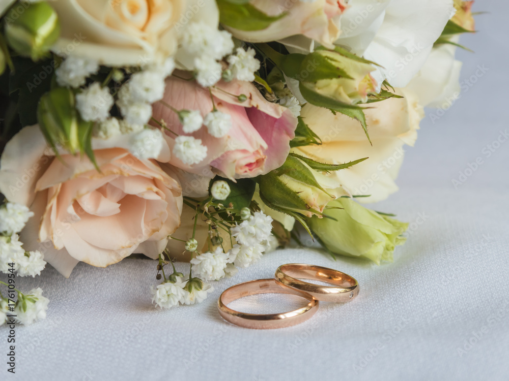 Wedding bouquet and rings. Wedding bouquet and rings.