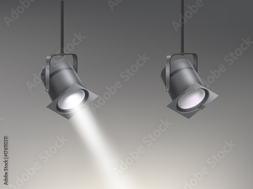 Theater, cinema, studio beaming spotlights hanging from above realistic vector illustration. Turned on and off cine lighting units, lightning equipment for performance or premiere stage illumination