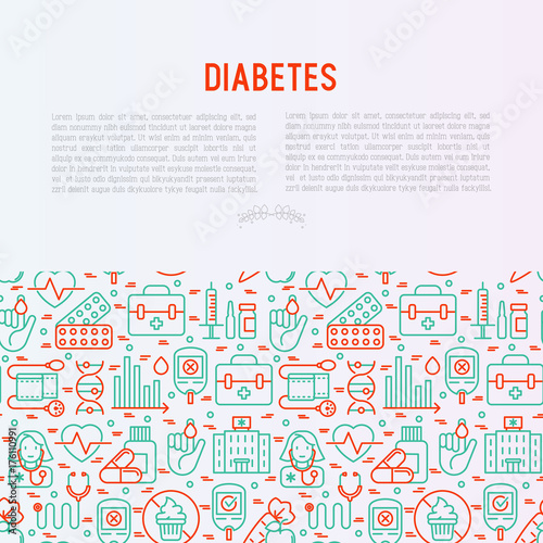 Diabetes concept with thin line icons of symptoms and prevention care. Vector illustration for background of medical survey or report, for banner, web page, print media.