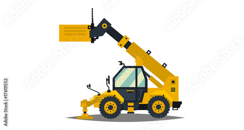Yellow telehandler. Isolated on white background. Special equipment. Construction machine. Commercial Vehicles. Vector illustration. Flat style
