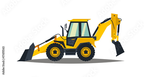 Yellow backhoe loader on a white background. Construction machinery. Special equipment. Vector illustration.