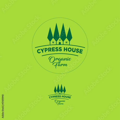 Organic farm emblem. Cypress tree house logo.
