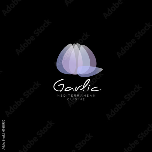 Garlic logo. Mediterranean cuisine emblem. Mediterranean restaurant. Transparent slices of garlic and white handwritten letters on a dark background.