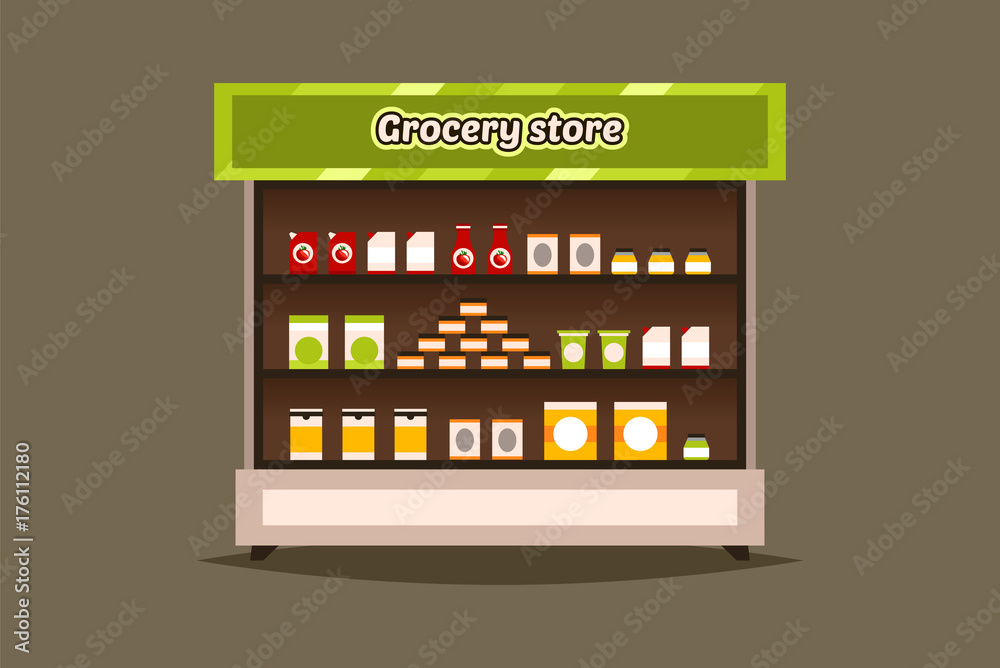 Showcase, counter top products. Grocery, shelf with the goods. shop interior, supermarket. Sauces, canned food, packaging. Vector illustration. Flat style Showcase, counter top products. Grocery, shelf with the goods. shop interior, supermarket. Sauces, canned food, packaging. Vector illustration. Flat style