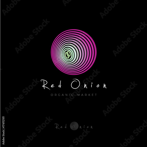Red onion icon. Organic Market logo. Vegetarian restaurant emblem. Red onion and letters on a dark background.