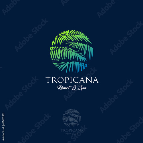 Tropicana logo. Resort and Spa emblem. Tropical cosmetics. Beauty. Palm leaves in a circle.