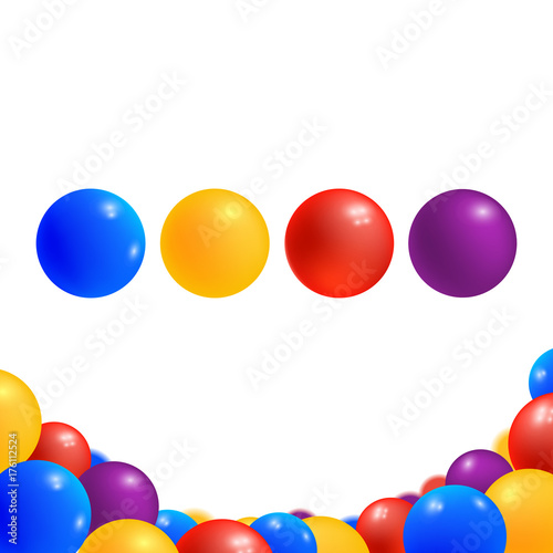 Colored balls isolated on white background. Childish plastic glossy balls in different colors. Game element for playground. Vector illustration.