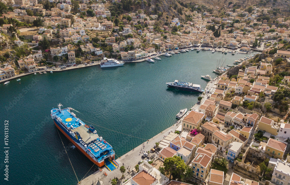Aerial view of small town with colorful houses on Symi island