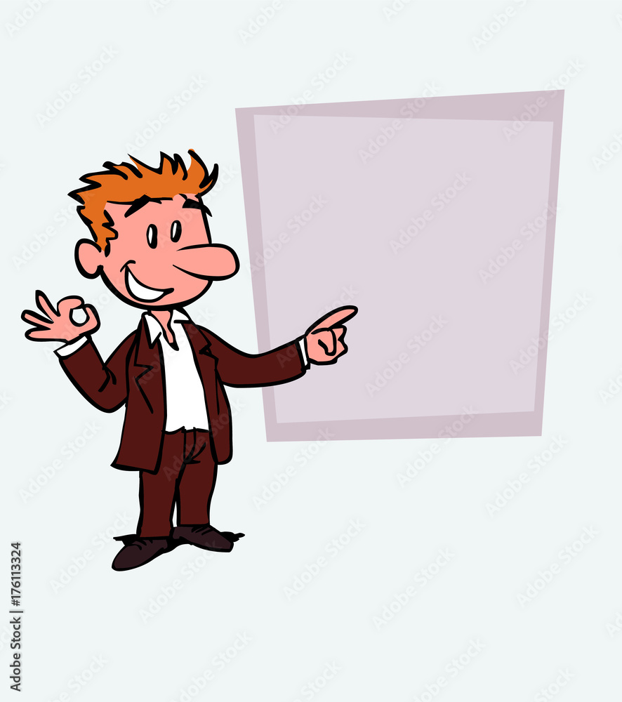 Happy white businessman makes the gesture of ok. Is showing, as in a presentation, the data you want. Happy white businessman makes the gesture of ok. Is showing, as in a presentation, the data you want.
