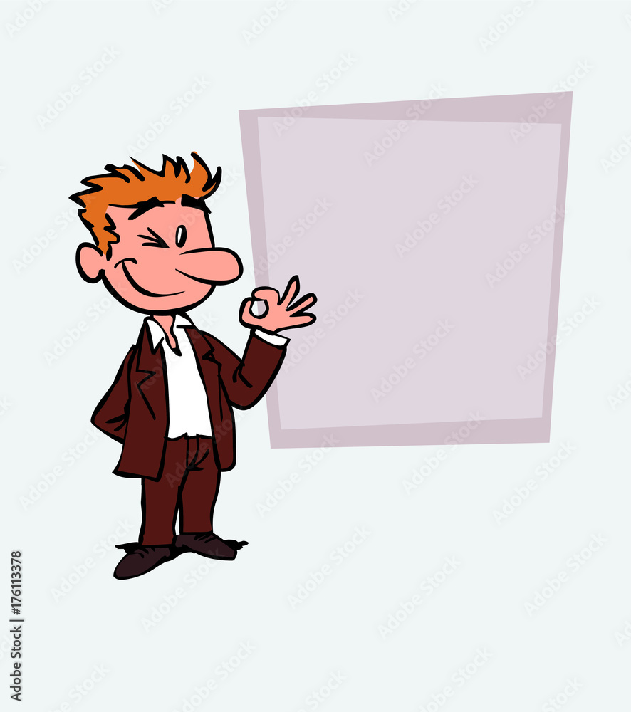 Happy white businessman makes the gesture of ok. Is showing, as in a presentation, the data you want. Happy white businessman makes the gesture of ok. Is showing, as in a presentation, the data you want.