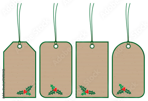 Set 4 Christmas Hangtags Holly Brown Paper Green