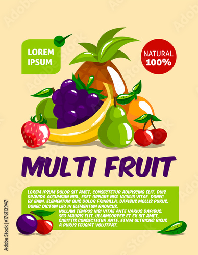 Set of natural fruits. Healthy eating, vegetarianism. Ripe and juicy. Illustration for printing on the finished product, juice, yogurt. Vector flat style. Elements isolated on background.