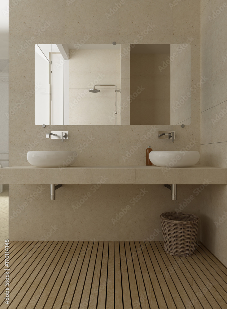 Fototapeta premium Classic bathroom, washbasin with two sinks and mirror, wooden floor, minimal interior design