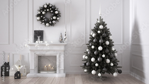 Classic living room with fireplace, Christmas tree and decors, winter, new year scandinavian white interior design