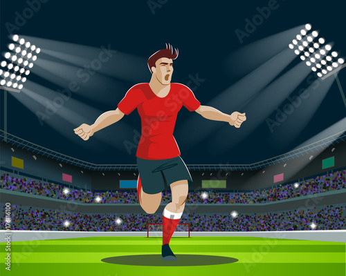 Soccer Player with Ball in stadium. Light, stands, fans.