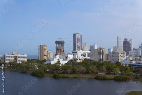 View of the marina and tall apartment buildings in the modern section of Cartagena  Colombia.