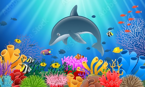 Fototapeta Naklejka Na Ścianę i Meble -  Cartoon dolphin with Coral Reef Underwater in Ocean. Vector illustration