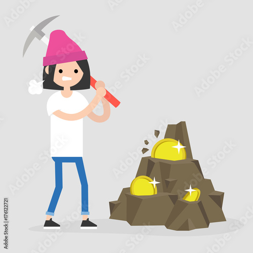 Bitcoin mining, conceptual illustration. Young female character mining the cryptocurrency with a pickaxe. Flat editable vector illustration, clip art