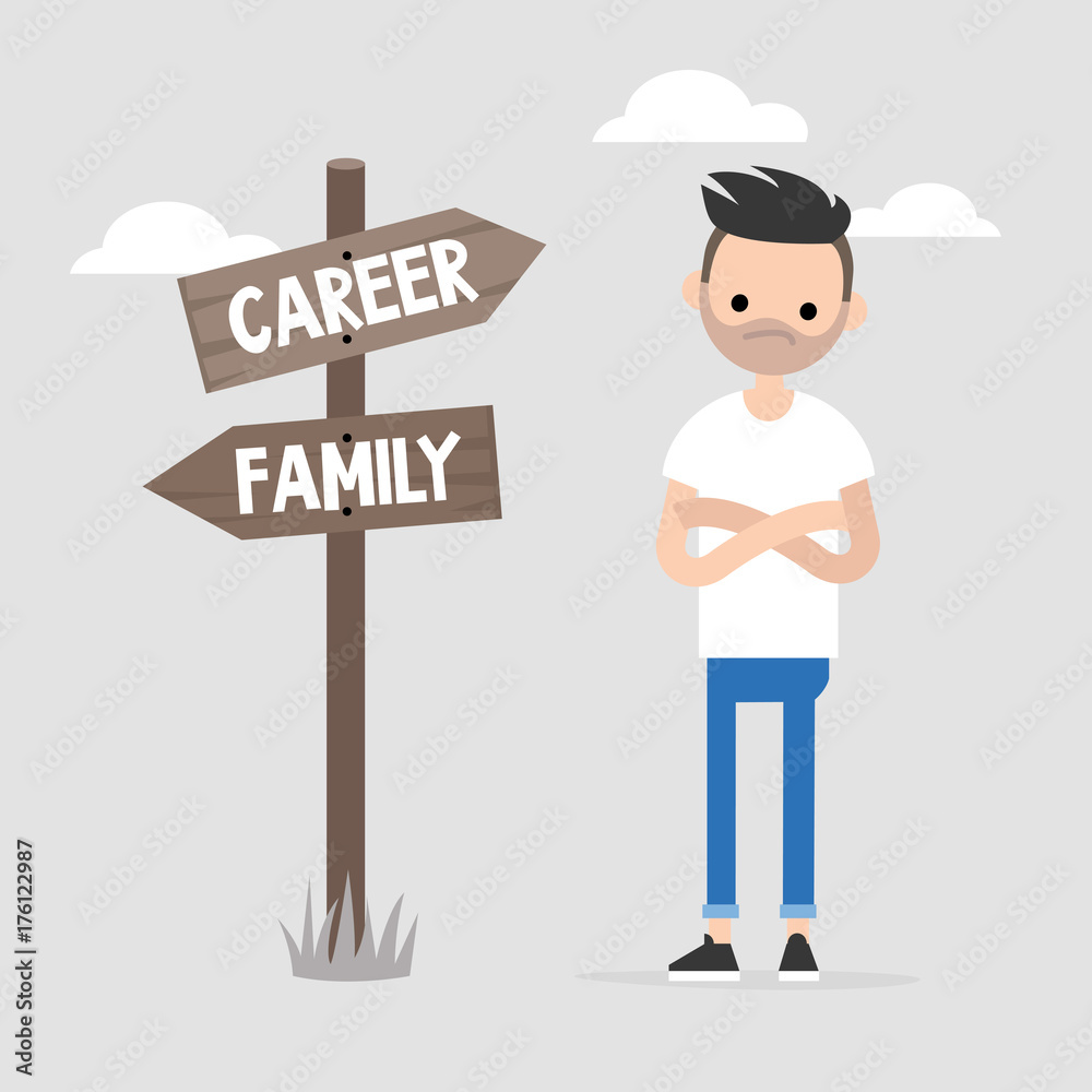 Young specialist making a choice between the career and family. Wooden signpost showing the opposite directions. Decision making. Flat editable vector illustration, clip art