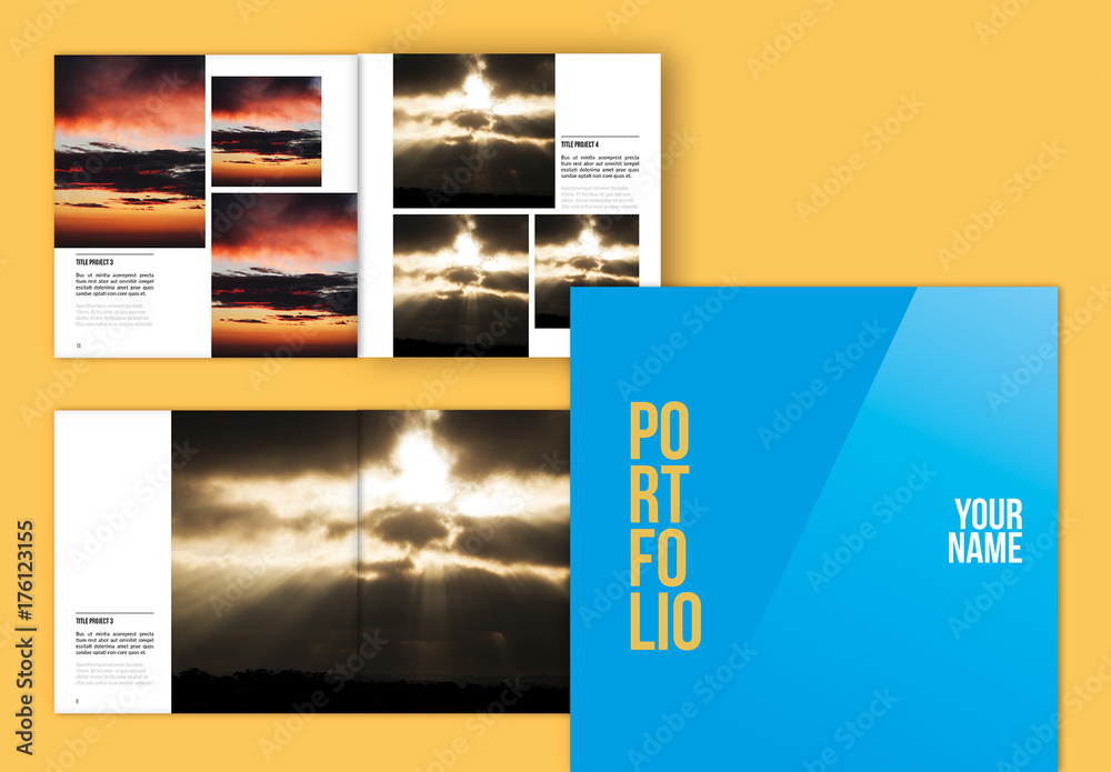 Portfolio/Lookbook Layout with Blue and Yellow Cover Stock Template