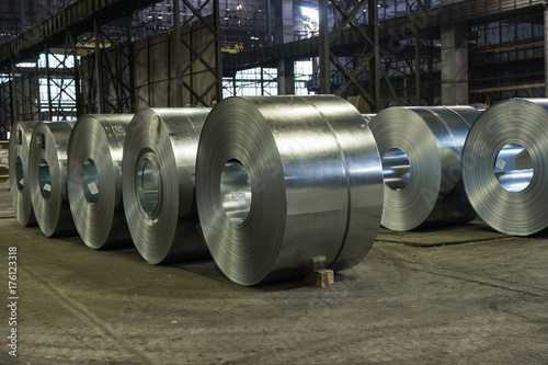 Raw steel coils ready for production in the steel mill