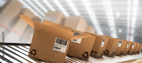 Composite image of row of brown boxes on conveyor belt
