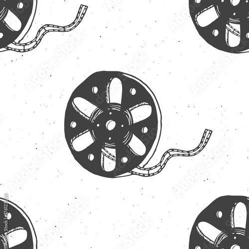 Cinema tape and film reel vintage seamless pattern, handdrawn sketch, retro movie and film industry, vector illustration