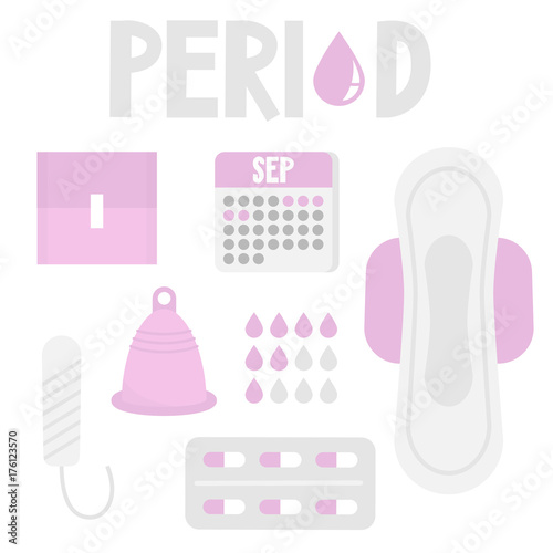 Woman healthcare, vector set. A collection of menstrual products and symbols: sanitary pads, menstrual cup, tampon, pills, calendar and drops infographics. Flat editable vector illustration