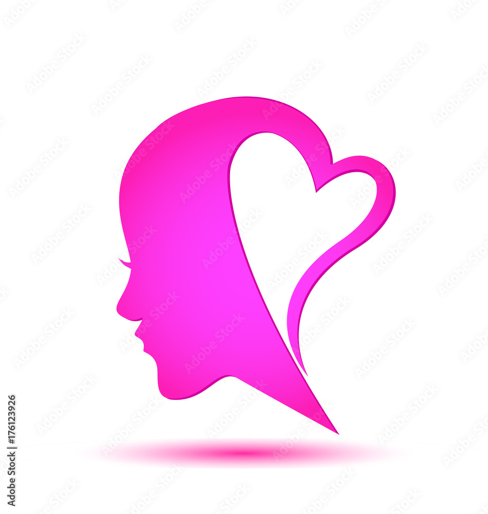 Woman face silhouette with a caring loving heart mind, icon vector