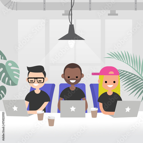 Teamwork, vector illustration. A group of young adults working in the modern open space office. Creative industry startup. Flat 2.0 vector, clip art.