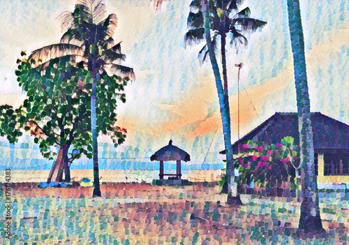 Beach gazebo on sunset. Tropical seaside vintage digital illustration.