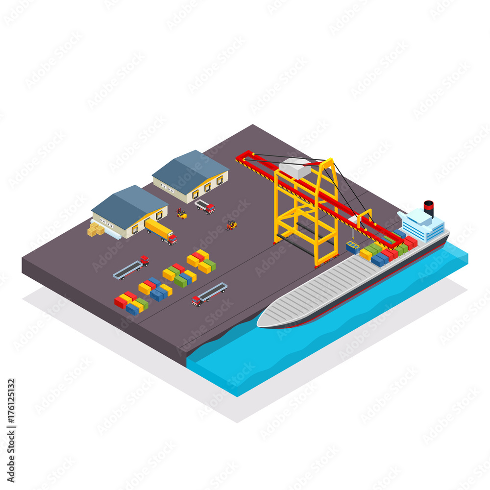 Vector isometric cargo container ship and crane concept with loading ...